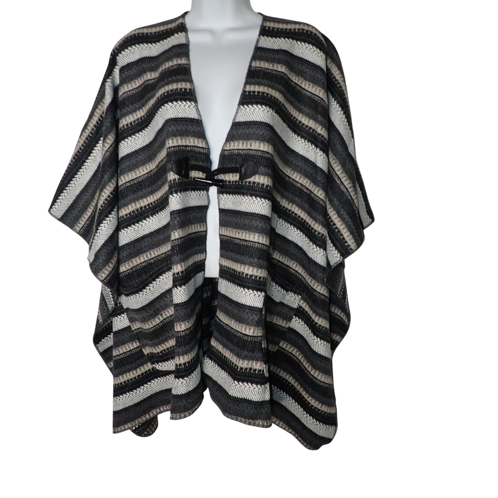 Jolt Women's Striped Toggle Front Poncho Sweater Wrap Black Grey Size S NEW